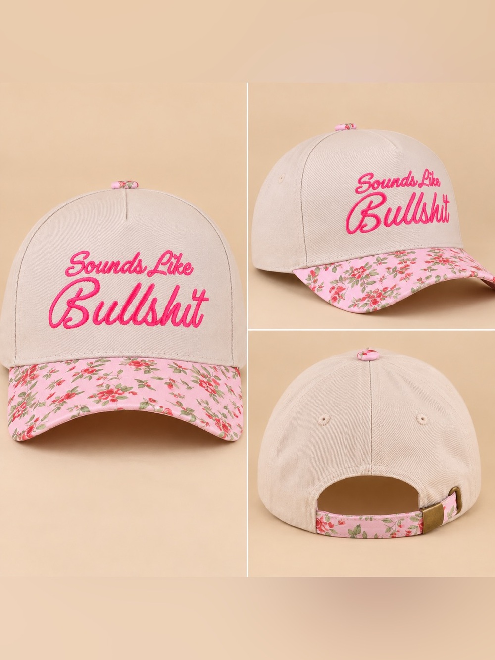 Zenana Sounds Like Bullsh*t Novelty Baseball Hat Pink Floral